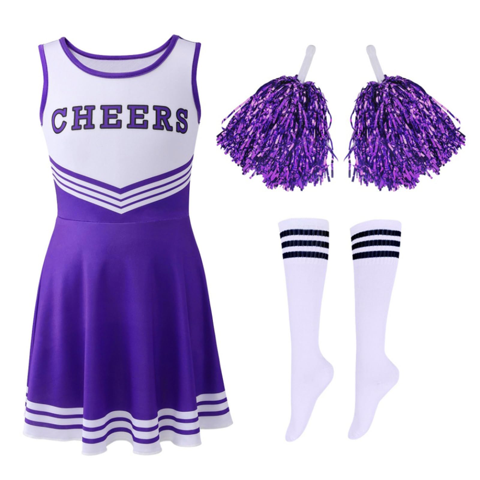 Hovershoes Girl Cheerleader Outfits with Cheerleader Pom Poms and Socks, Purple & 7-8 Years, Kids Cheerleading Uniform Outfit School Musical Child Cheer Clothes Carnival Halloween Dress