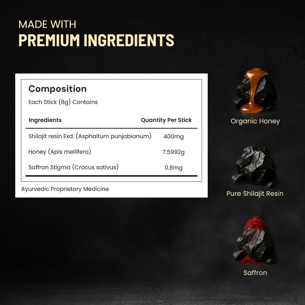 Anecdote Bastoncini di miele shilajit himalayano puro con miele e zafferano biologici | Aumenta la resistenza | Supporta l'immunità | 75% di acido fulvico, 85+ minerali traccia | Senza zucchero