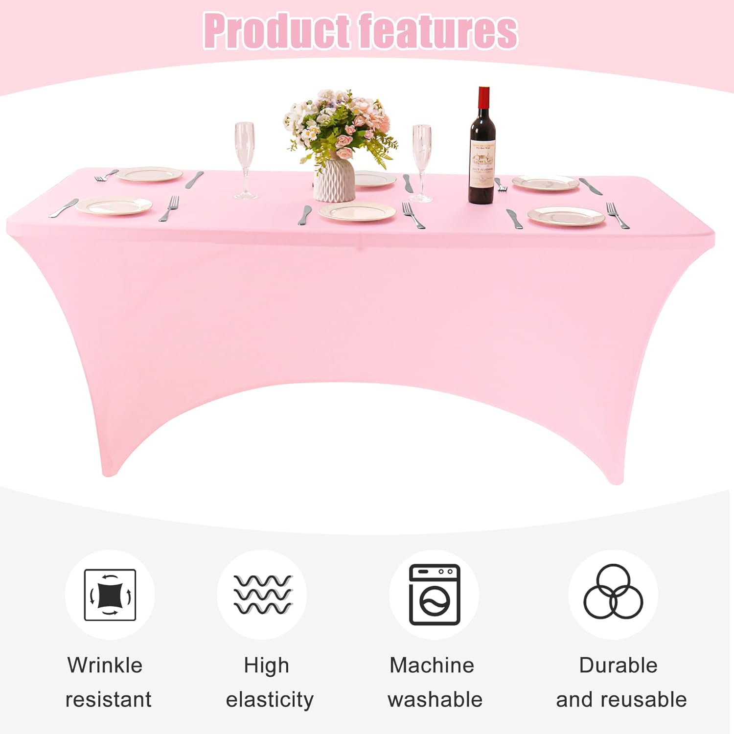 Fivenl 2 Pack Spandex Rectangle Tablecloths 96 x 30 Inch, Open Back Pink Stretch Table Clothes for 8 Foot Tables, Washable Fitted Table Cover for Parties, Wedding, Banquet, Trade Show (Pink, 8FT)