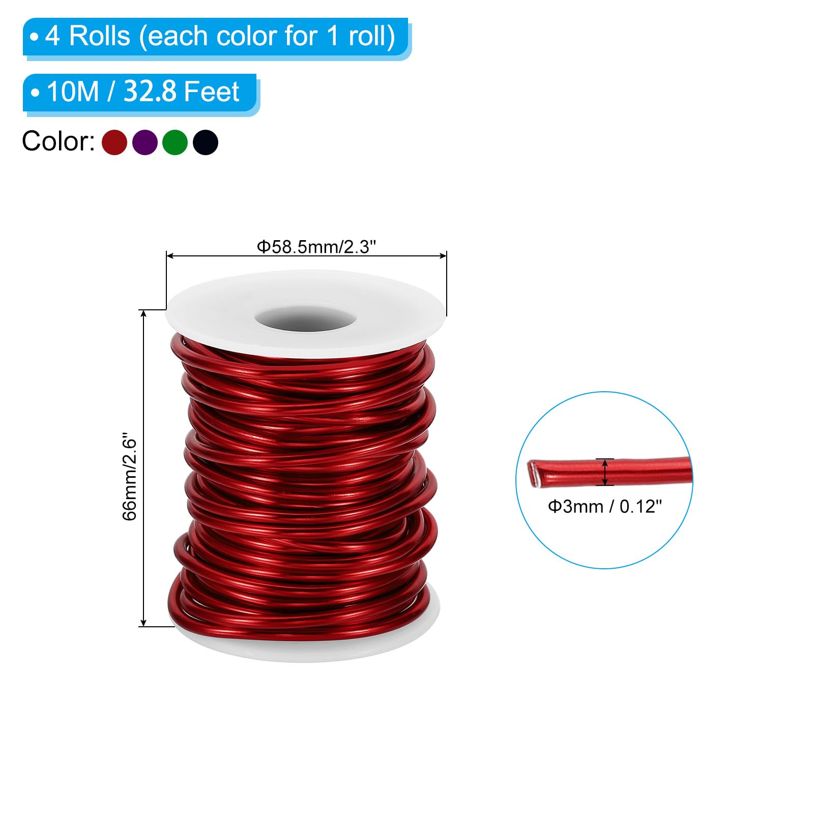 PATIKIL 8 Gauge 3mm Aluminum Craft Wire, 32.8Ft 4 Roll Metal Wire Armature Bendable Wire for Jewelry Making Metal Wrap DIY, Sapphire Blue/Red/Purple/Green - Image 2