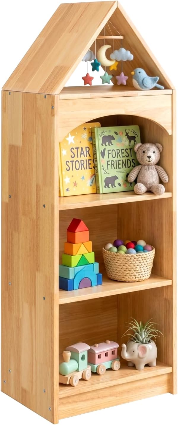 OOOK Rubberwood Montessori Shelf, 4-Tier Toy Organizers and Storage, Wood Corner Cabinet for Kids Room, Playroom, Nursery, Classroom, Kindergarten