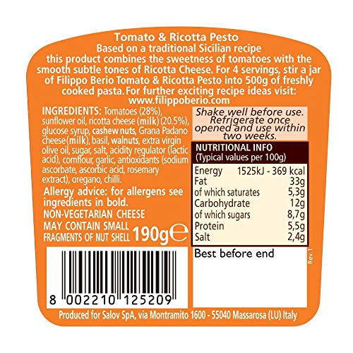 Image of Filippo Berio Tomato & Ricotta Pesto, 6.7 Oz 190 G (Pack of 2)