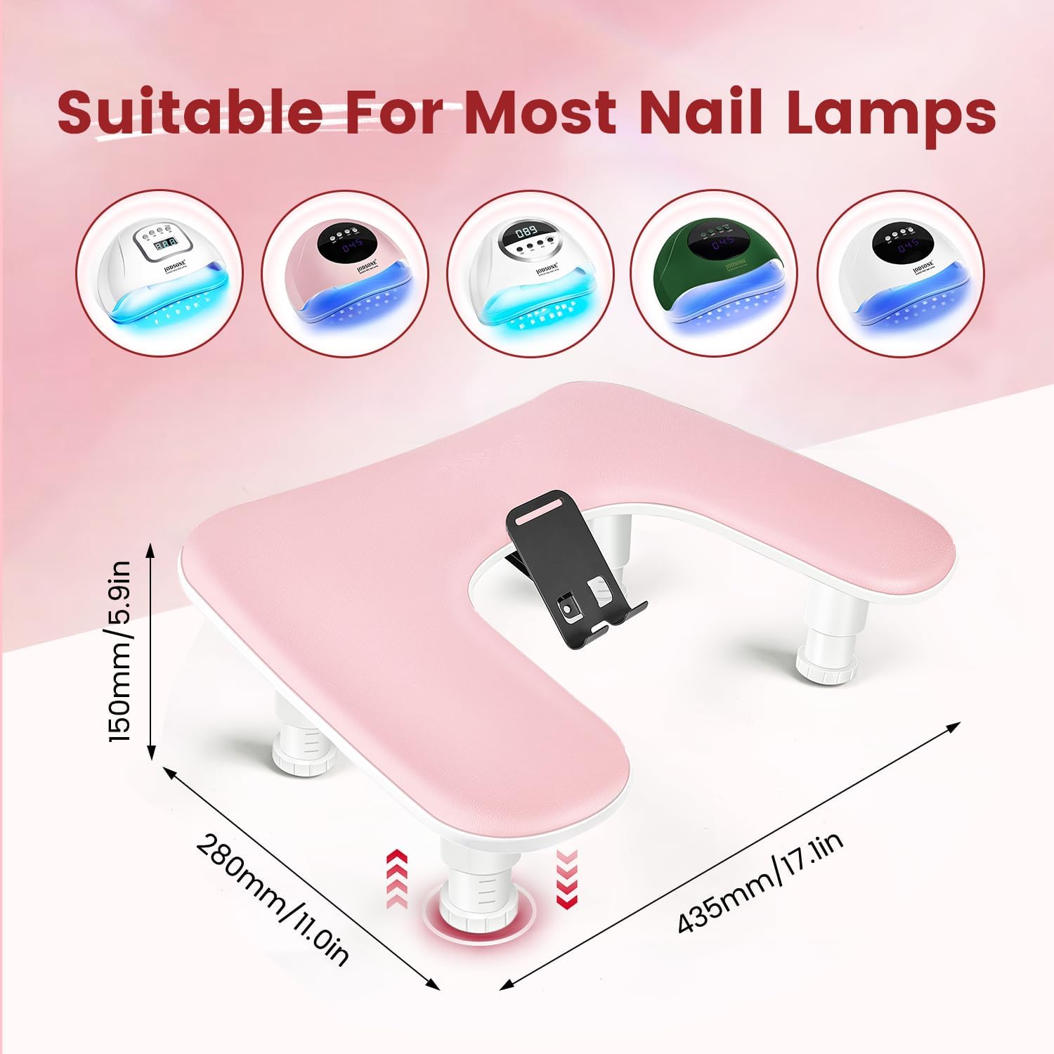 JODSONE Bracciolo rosa a forma di U per chiodo tecnico, con supporto per cellulare girevole a 360° integrato e bracciolo regolabile per manicure in salone