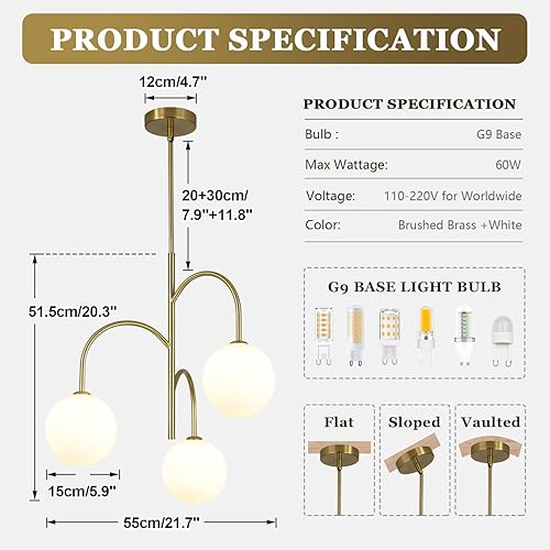 Miniatura 9 de Flyrose Candelabro moderno de 3 luces de cristal de leche de mediados de siglo, lámpara colgante de níquel cepillado, bola de globo grande, lámpara
