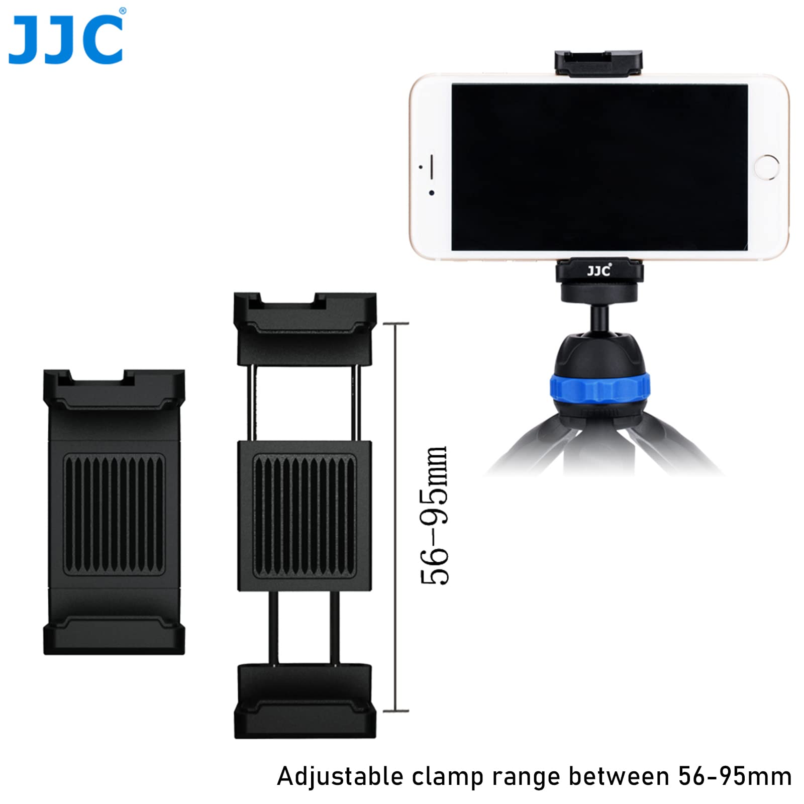 Support Universel Smartphone JJC - Clip Réglable 56-95mm, Avec Sabot Froid Et Niveau à Bulle - Compatible Trépied, Perche Selfie
