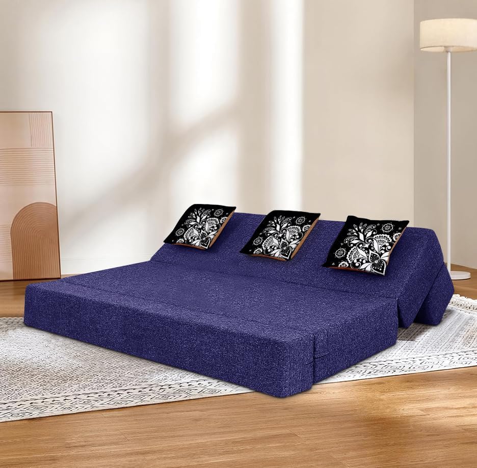 Image of Rosebell Three Seater Sofa Cum Bed | Jute Fabric Washable Cover | with 3 Printed Cushions Perfect for Guest | Purple | 5' X 6' Feet