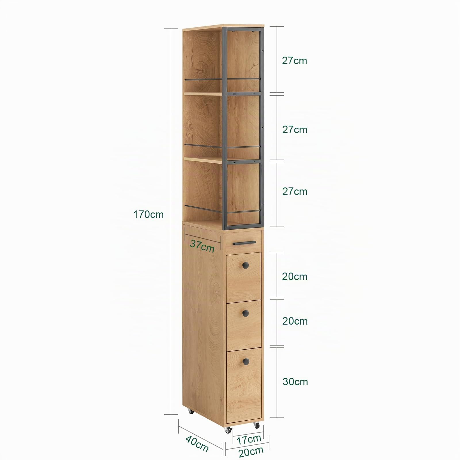 SoBuy Carrello Cucina Salvaspazio con Ruote da 20 cm, soluzione ideale per angoli e nicchie strette, utilizzabile come Mobile Cucina Stretto o Mobiletto Bagno Salvaspazio L20xP40xH170 cm NSR13-N