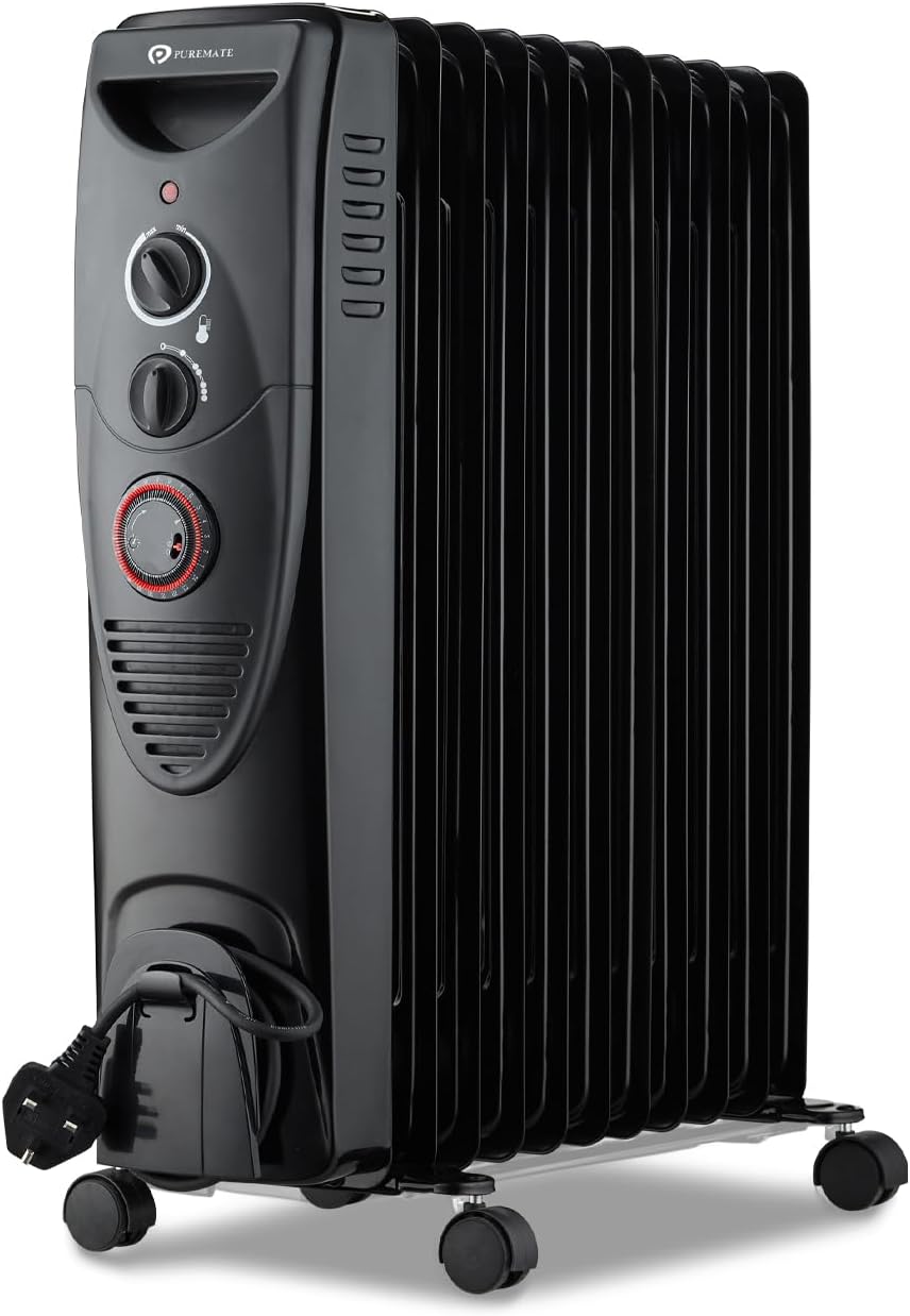 PureMate Oil Filled Radiator, 2500W/2.5KW - 11 Fin - Portable Electric Heater, 3 Power Settings, Adjustable Temperature and Thermostat, Thermal Safety Cut off & 24 Hour Timer