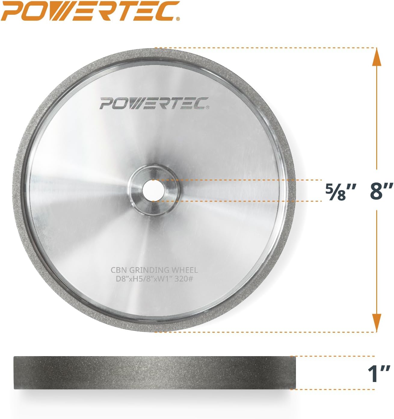 POWERTEC CBN Grinding Wheel 8 Inch 320 Grit, Bench Grinder Wheel for Sharpening HSS Tools, Lathe Tools & Chisel Set, 8" x 1" Wide, 5/8" Arbor Bench Grinder Wheels for Bench Grinder, 1 PK (15701)