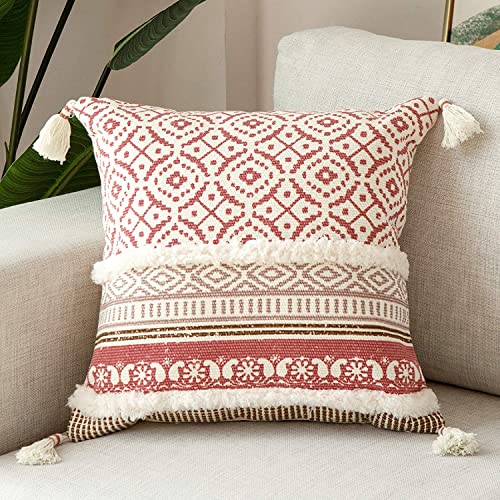 Image of Modern Homes Boho Tufted Decorative Throw Pillow Covers for Couch Sofa - Moroccan Style Cushion Covers with Tassels, Accent Decor Pillow for Bedroom Living Room (Pink, 16x16 inch)