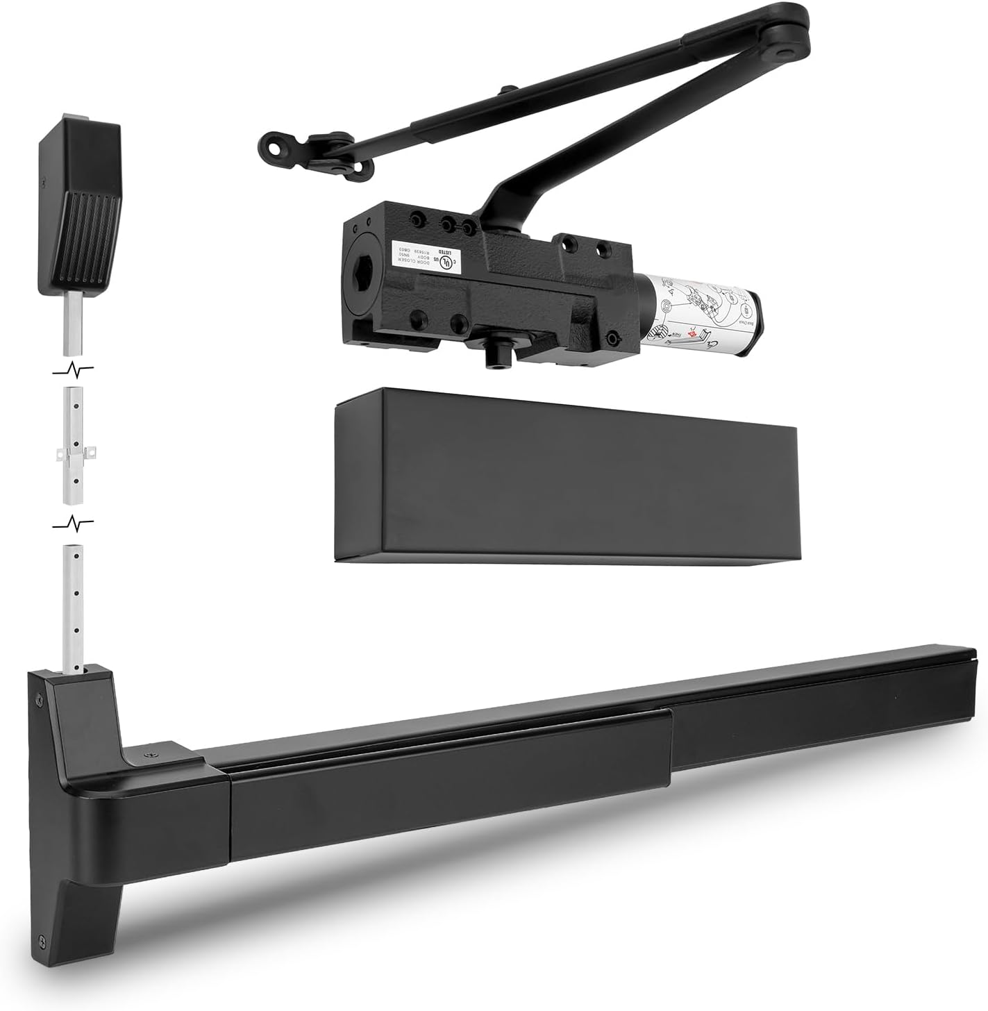 BEAMNOVA Black 26.7 Inch Vertical Rod Door Panic Bar Exit Device + Black Extra Heavy Duty Automatic Door Closer