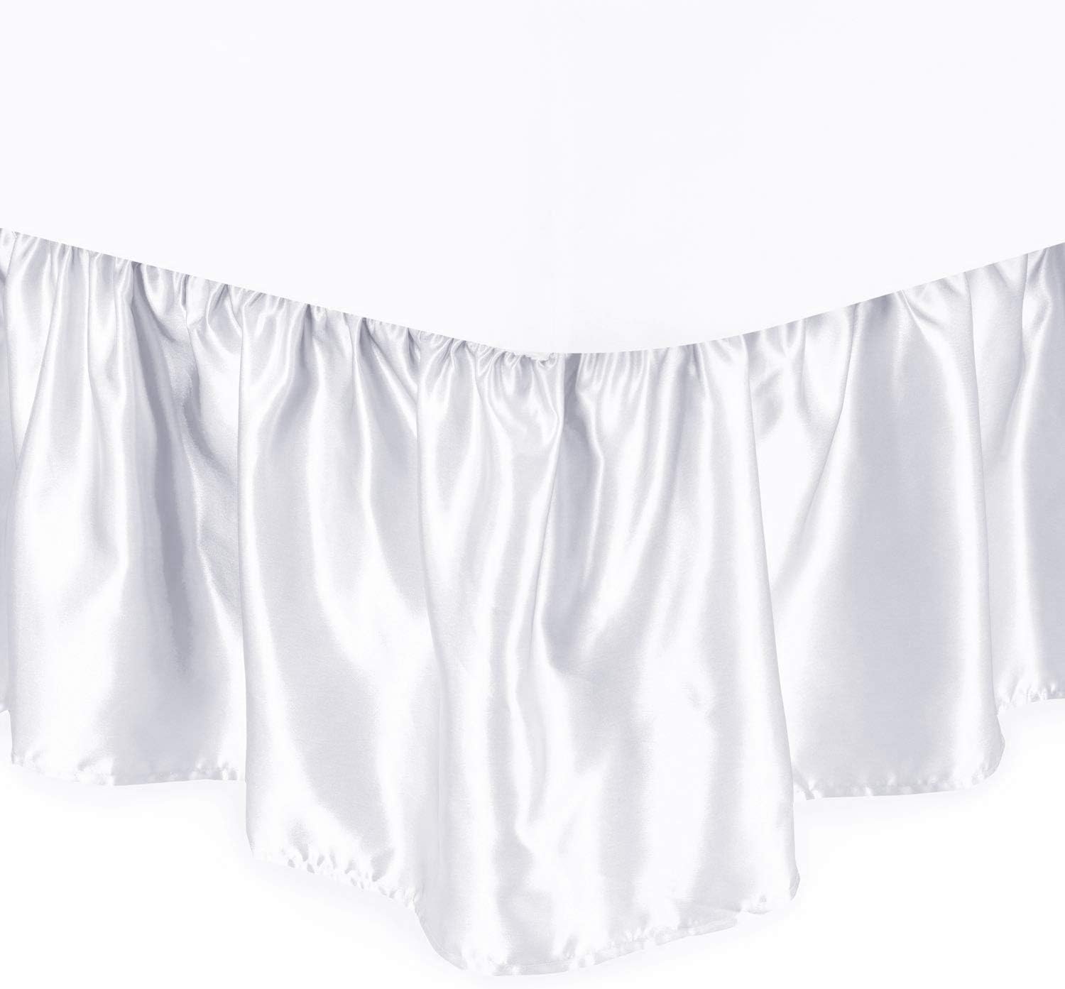 Ruffled Silk Satin Bed Skirt 16 Inches Drop Full XL Size Fade & Wrinkle Resistant Dust Ruffle Bed Skirt for Easy Fitting and Easy Care - White