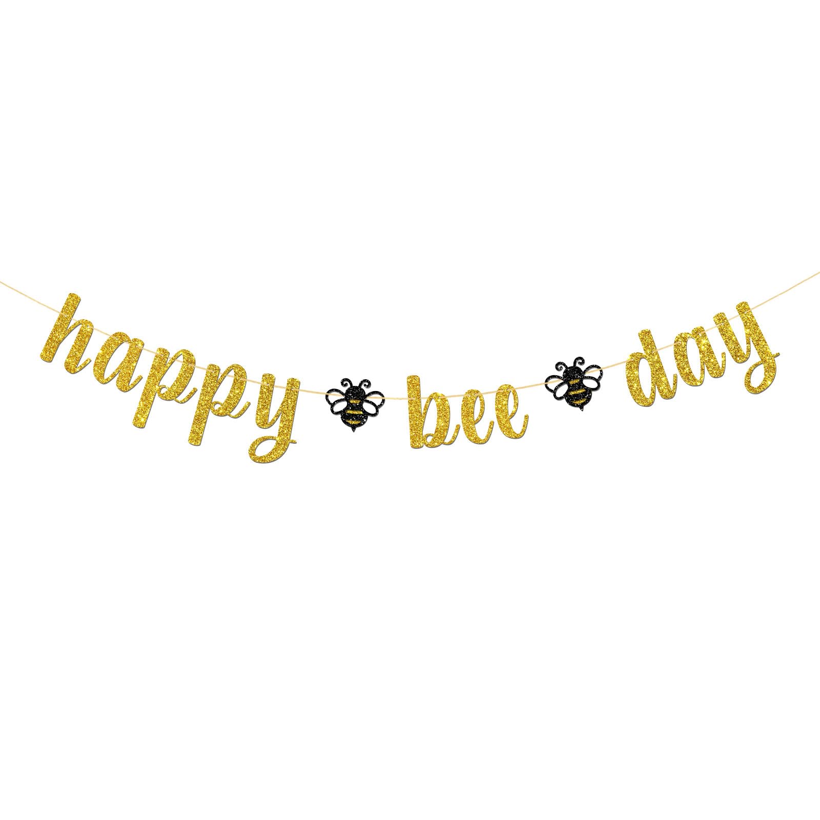 Happy Bee Day Banner - Bumble Bee Baby Shower Party Garland Bunting Supplies - Bee Wedding - Birthday Party Decorations - Gold Glitter