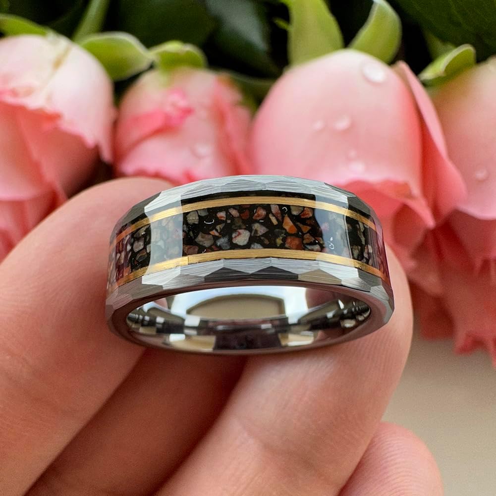 TUTISS 8mm Silver/Black Hammered Tungsten Rings for Men Women Engagement Wedding Bands Dinosaur Bone Meteorite Chip Inlay Matte Comfort Fit