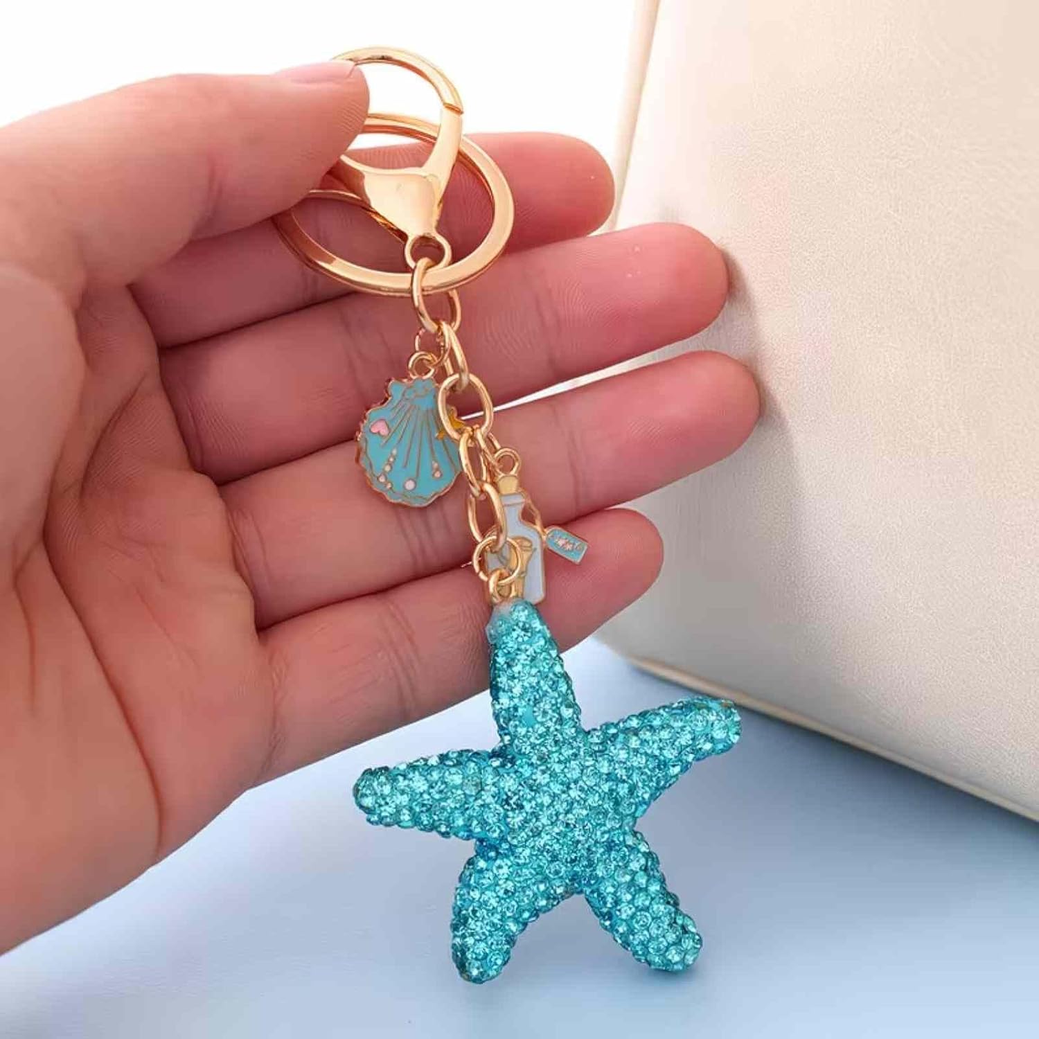 Rhinestone Starfish Keychain, Ocean Alloy Bag Charm With Shell Pendant image 3