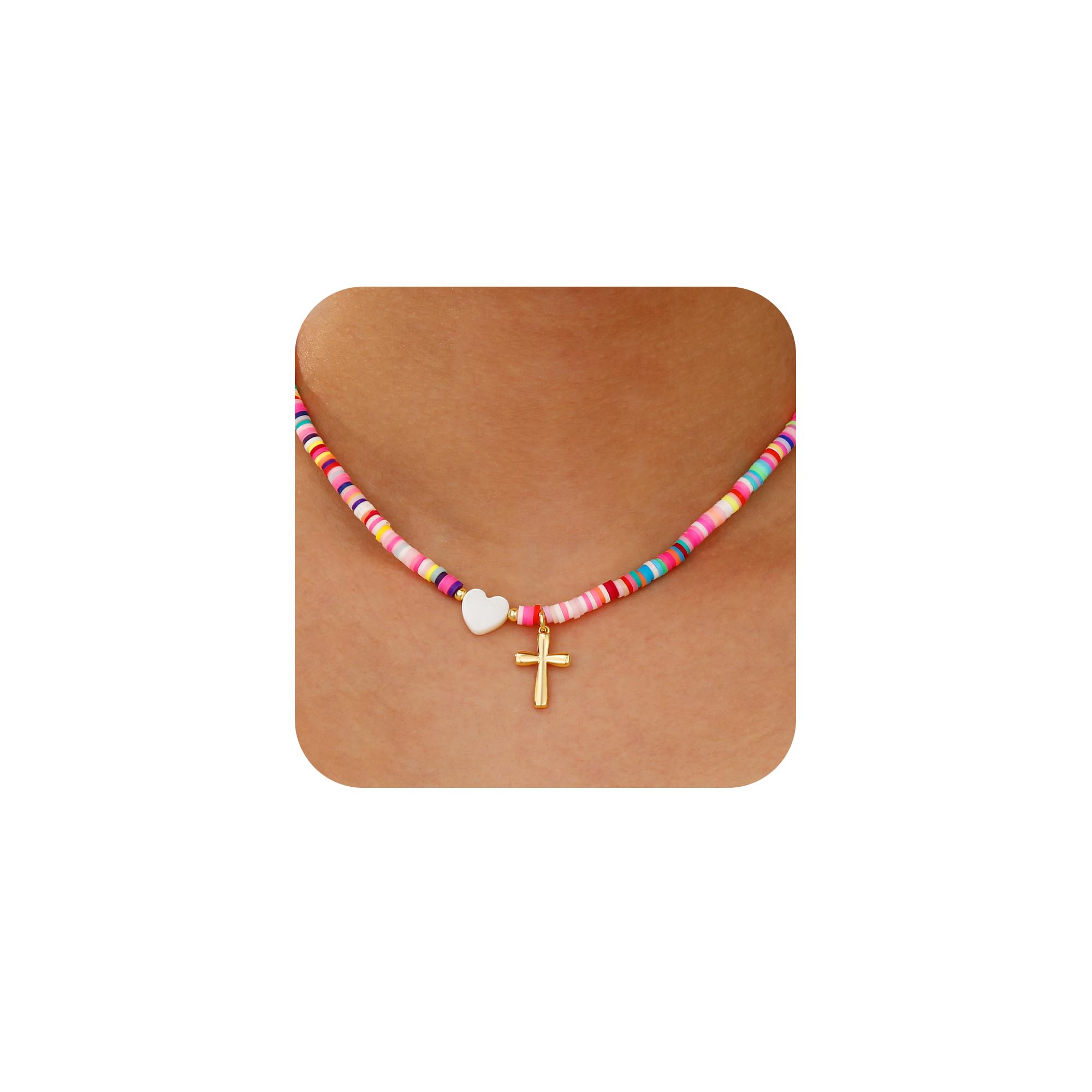 Colorful Beaded Cross Necklace for Girl Women, 18K Gold Plated Pendant Baptism Christian Religious Catholic Confirmation Jewelry Gifts for Teen Girl 15+2 Inches