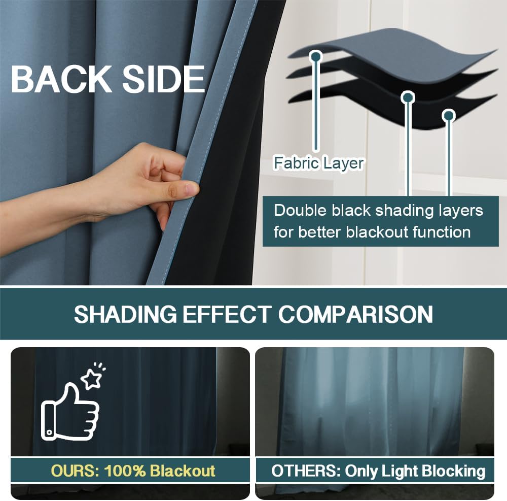 FantasDecor100% Blackout Bedroom Curtains Drape 2 Panels Set 52x96 Inch Thermal Insulated Window Blackout Drapes for Winter Season with Darkening Liner Rod Pocket & Back Tab,Stone Blue