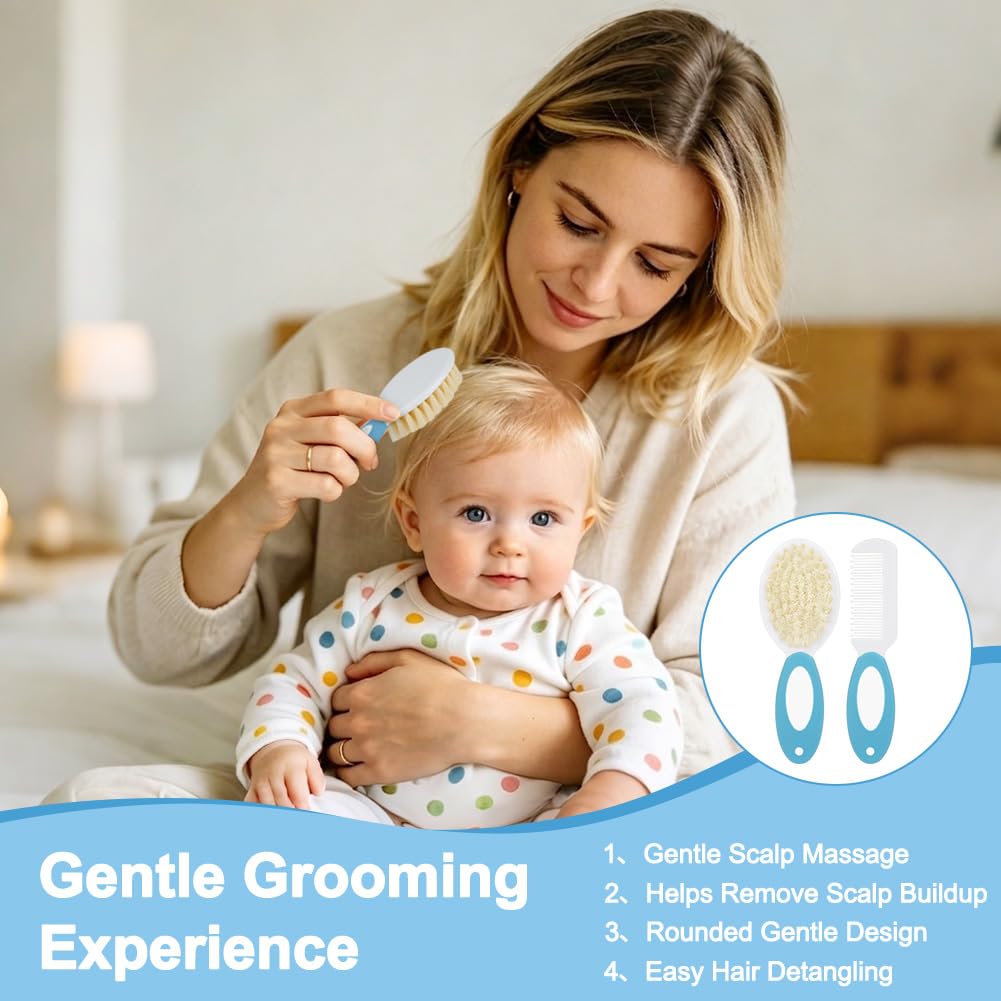 3PCS Ensemble Brosse à Cheveux et Peigne pour Bébé, Brosse à Cheveux avec Poils Naturels Doux, Manche Antidérapant, Cadeau de Fête Prénatale, Ensemble de Soin des Cheveuxs, B