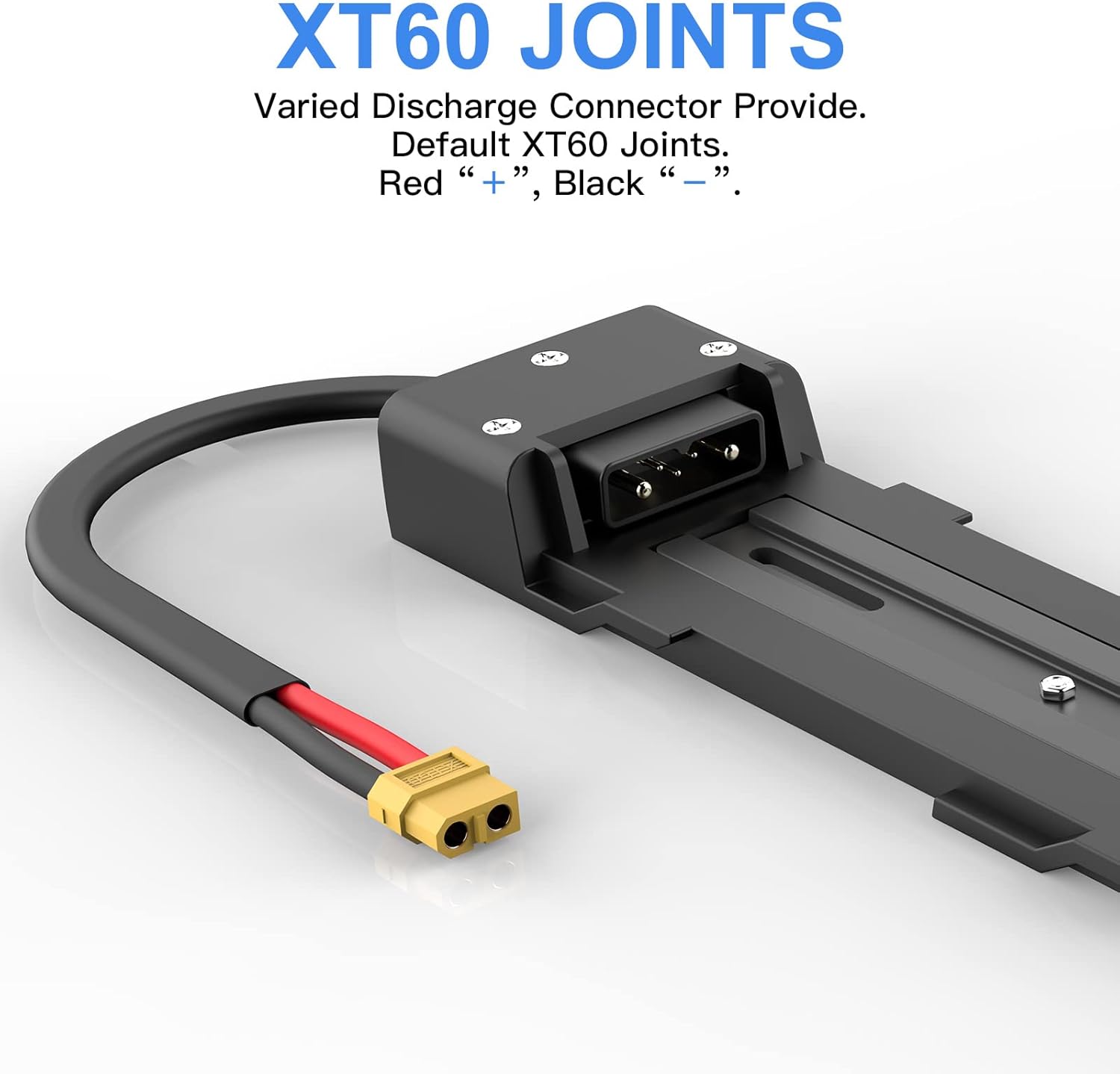 Close-up of XT60 discharge connector with red positive and black negative wires