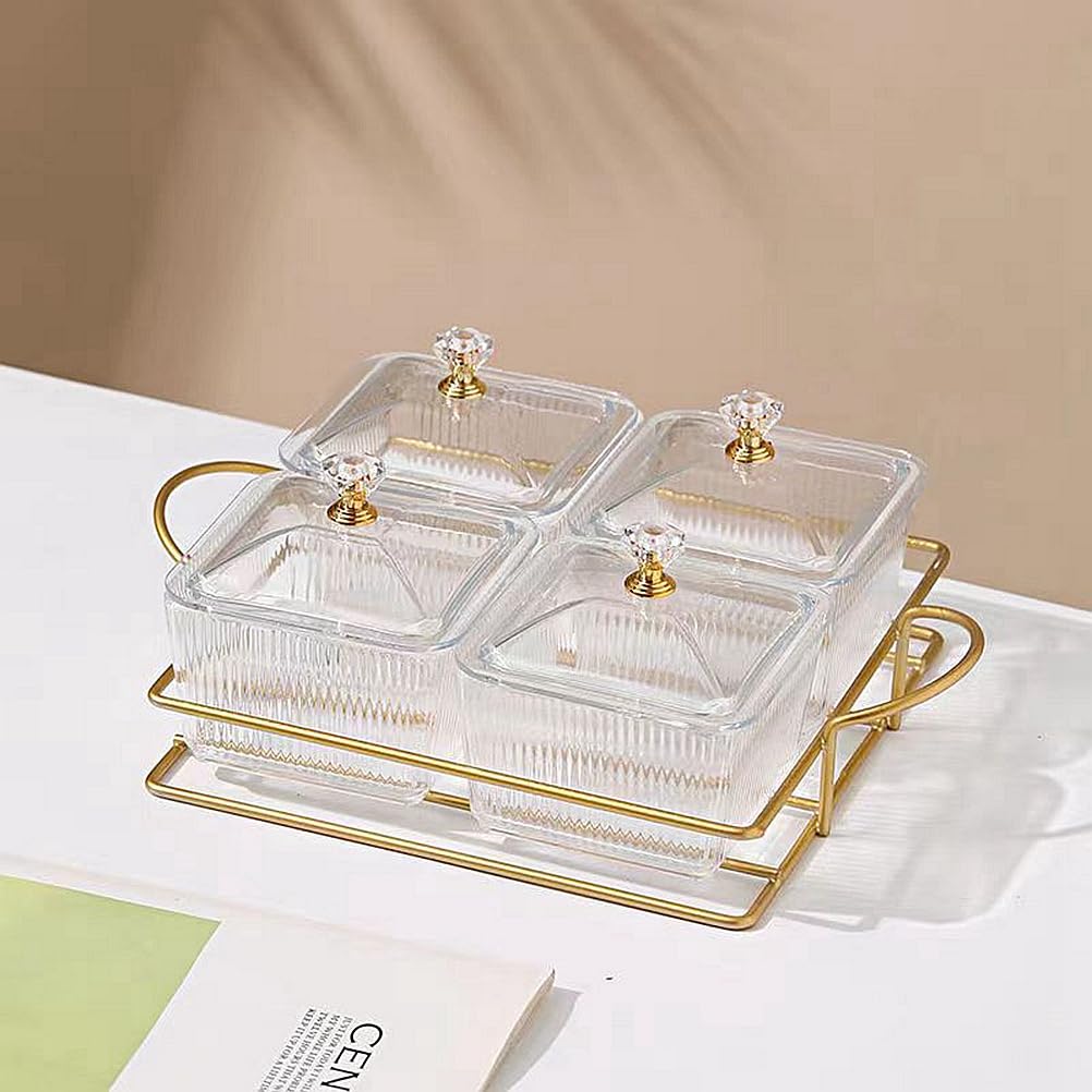 Dreamhousey Living Room Multi Division 4-grids Fruit Plate+Iron frame/Set, Dried Fruit nut Bowl Snack Dessert Candy Service Tray Platter Storage Box with lid (Transparent, 4-grids)