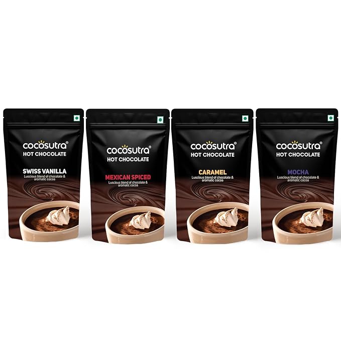 COCOSUTRA Hot Chocolate Mix | Swiss Vanilla, Mexican Spiced, Caramel & Mocha | Pack of 4 (Each 100 gm) 400 g | Drinking Chocolate Powder | Enjoy hot or cold