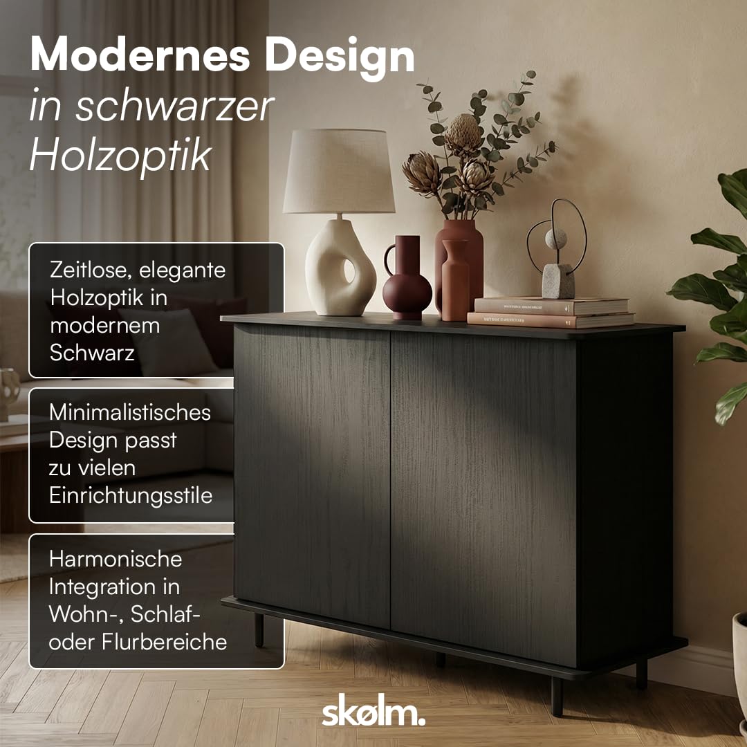 skølm Grani Kommode Schwarz, 5 Fächer, Push-to-Open, höhenverstellbare Füße