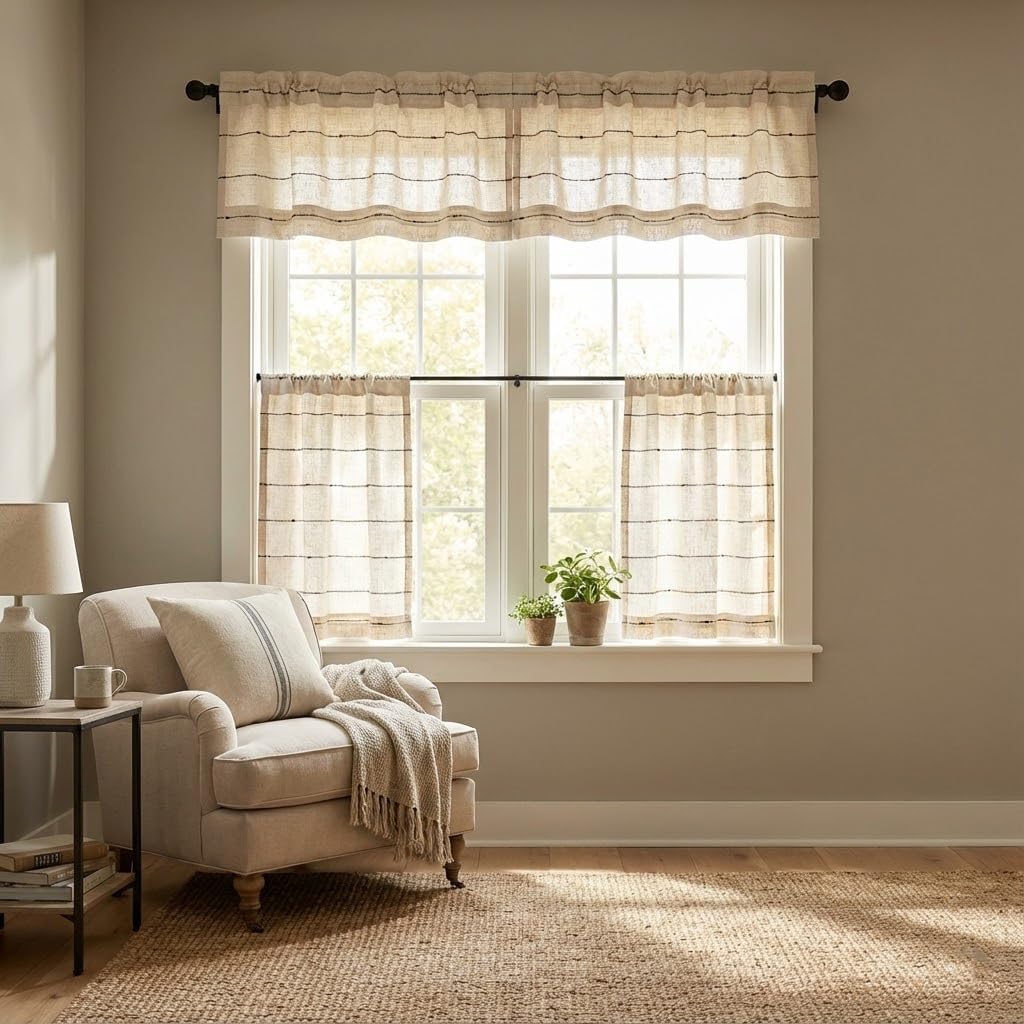 Piper Classics Farmcloth Stripe Valance Curtain, 16" L x 72" W, Rustic Farmhouse Style, Natural Cream Woven w/Black Stripes
