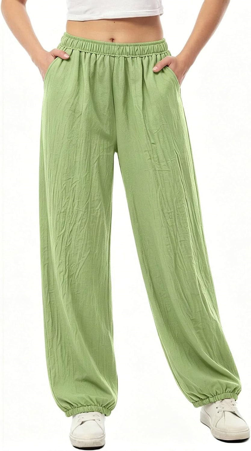 Women's Cotton Pants Elastic High Waisted Work Palazzo Pant Casual Linen Straight Wide Leg Trousers with Pockets