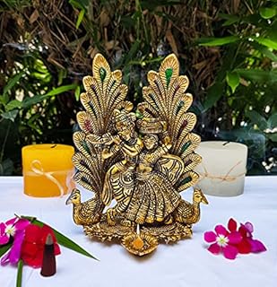 Antique Gold Plated Radha Krishna Statue For Home and temple Decoration beautiful hand engraved designer statue for Gift ( Antique Gold Metal Radha Krishna Statue)