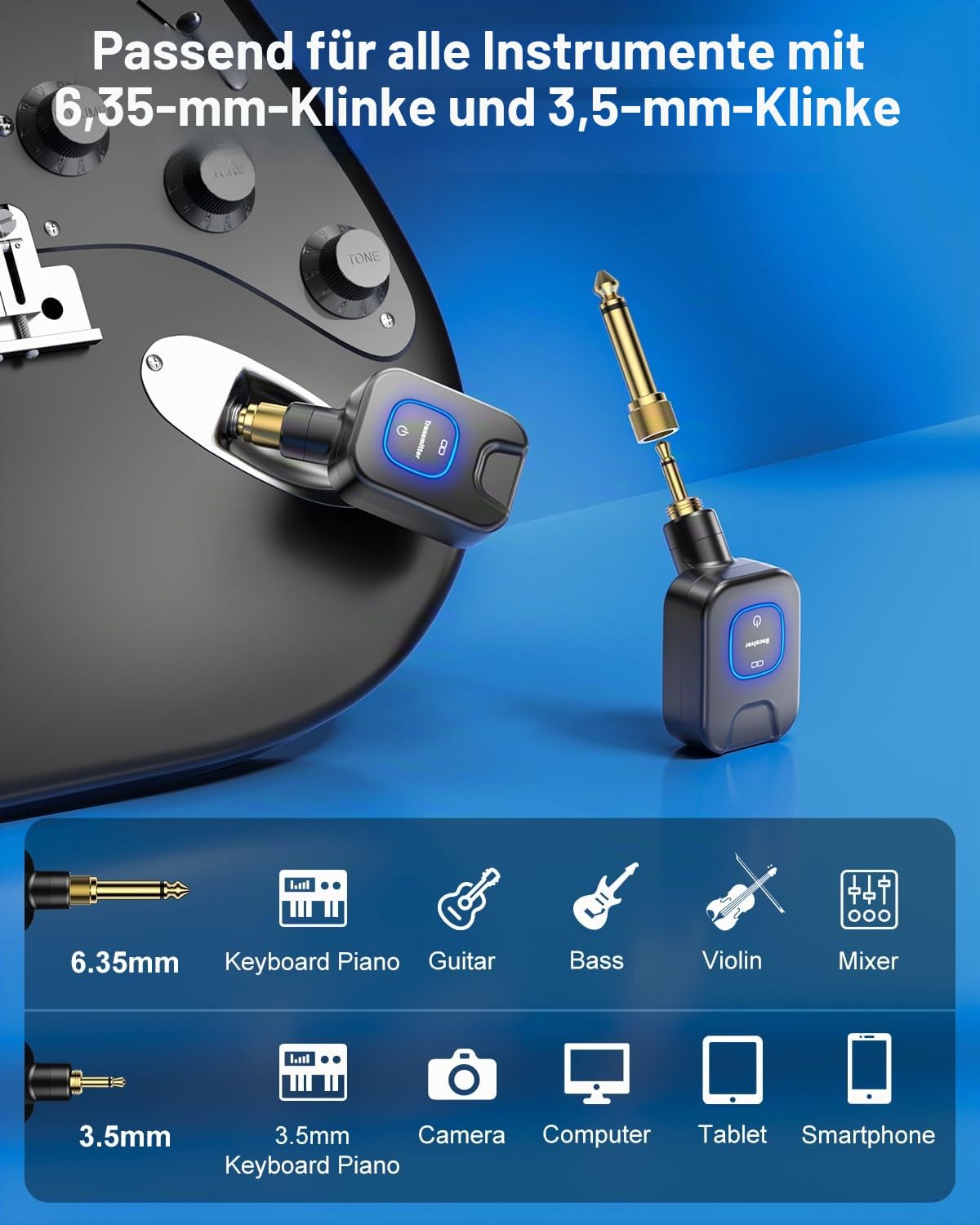 5.8GHz Kabelloses Gitarrensystem mit Ladebox Wireless Guitar System mit 2 Arten von Steckern 6 Audio Kanälen Sender Empfänger für E-Violine, E-Gitarre, Bass