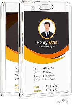 KTRIO ID Badge Holder, Clear Acrylic Card Holder with Thumb Slot, Holds 2 Cards, Vertical Badge Holder for Nurses, Students, Office Staff, 2 Pack