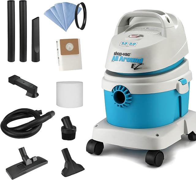 Shop-Vac 1,5 Gallon 2,0 Pic HP Aspirateur Wet/Dry Tout-en-Un EZ, Aspirateur Portable Compact, Fonction 3 en 1 avec Support Mural & Accessoires Multifonctionnels pour Maison, Appartement, Véhicules, 5895100