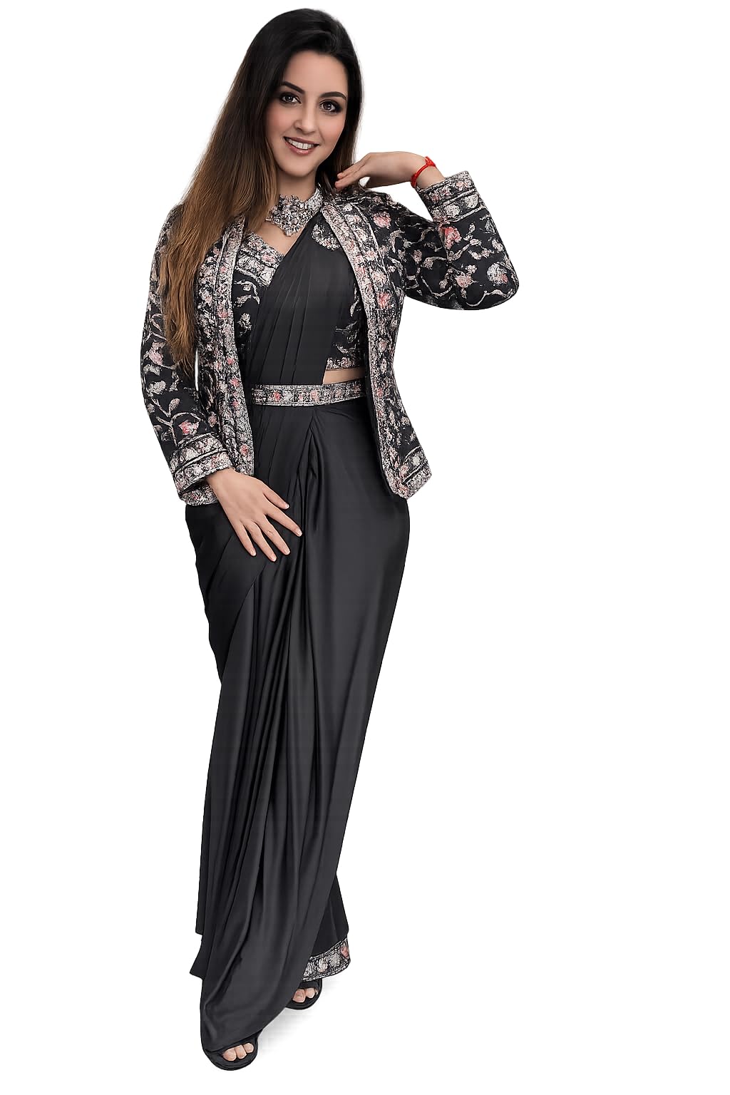 Ready-to-Wear Crepe Saree with Embroidered Jacket & Stitched Blouse and belt– Indo-Western Festive Saree Set-image-22