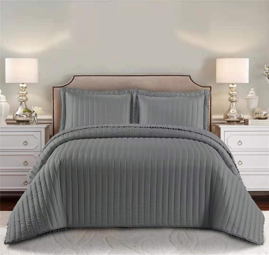 Householdfurnishing3 Piece Quilted Bedspread Bed Embossed Bedding Set Throw Comforter with Pillow Shams (Grey, Double)