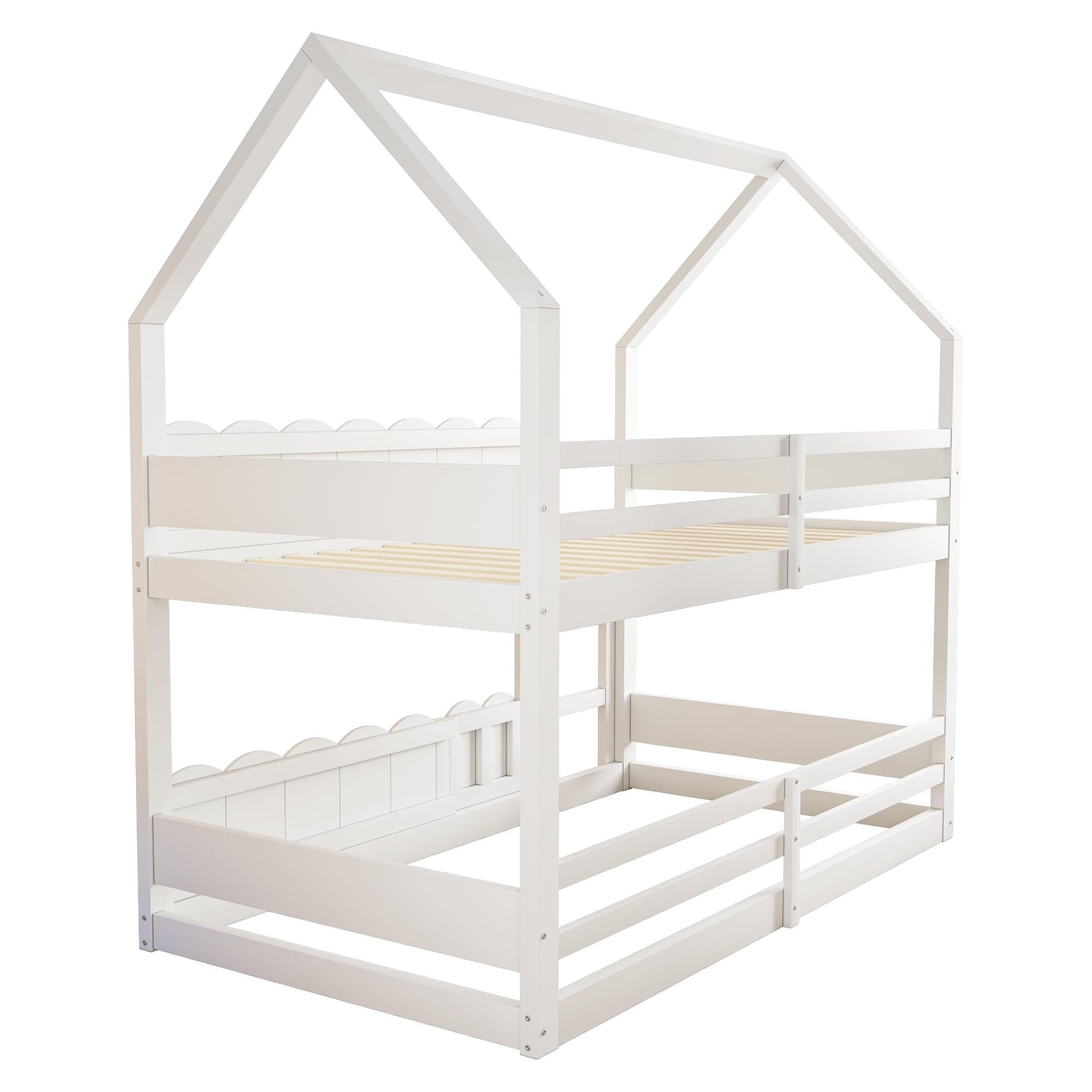 Etagenbett 90x200 cm, Kinderbett mit Fenster | Ohne Matratze, Stockbett mit Sicherheitsgeländern, Holzbett mit Hausförm, Bett für Kinder Mädchen Weiß