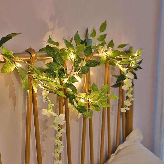 2 Meter 20 LED Flower Leaf Garland, Green Leaf Rattan Fairy String Lights Warm White Wedding Party Holiday Patio Decoration, Battery Powered (White Wisteria)