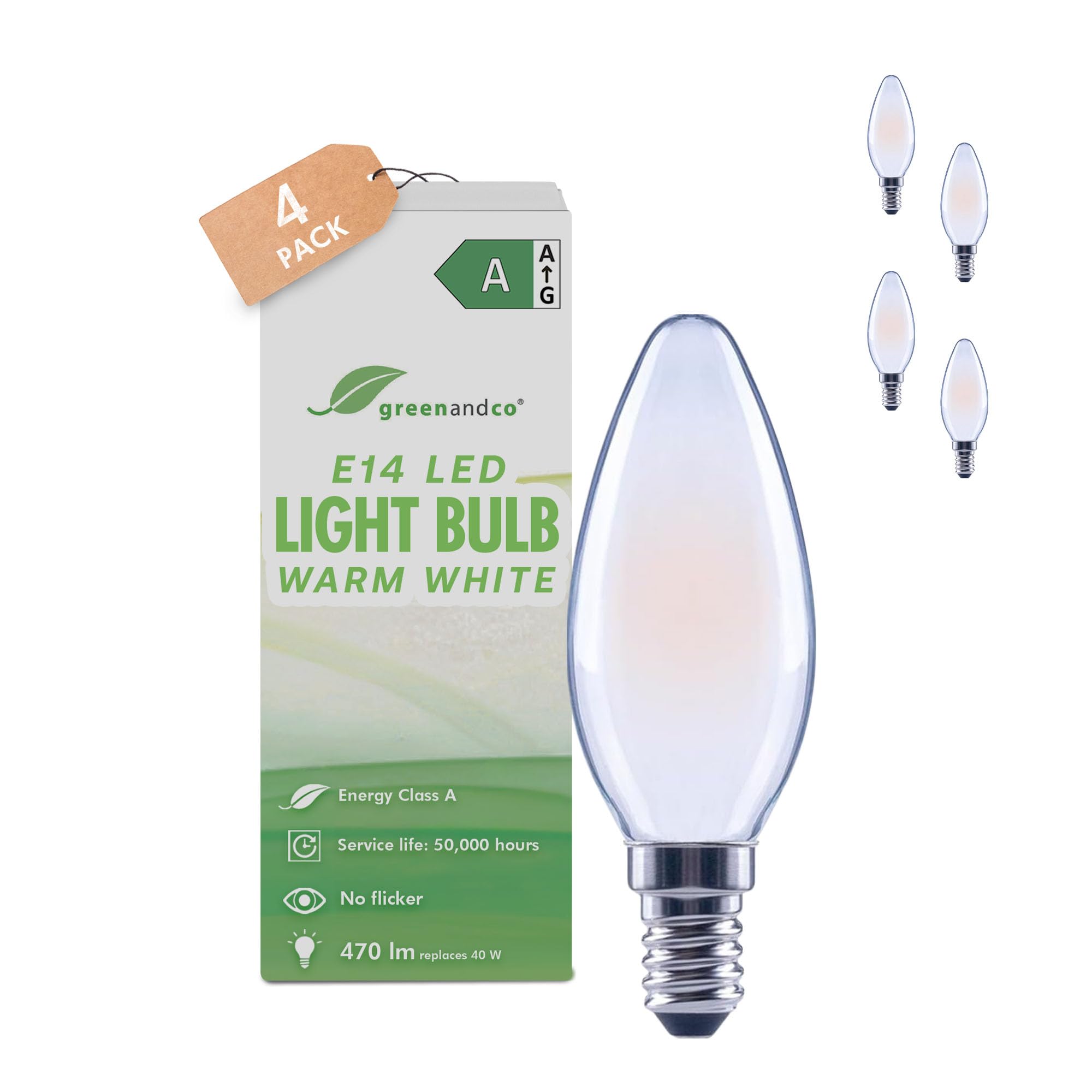 greenandco 4 x LED Filament Light Bulb | Frosted | E14 C35 | 2.2W 470lm | Replaces 40W | 2700K Warm White | 320° | 230V | Flicker Free | Energy Class A | Non-dimmable — image 1