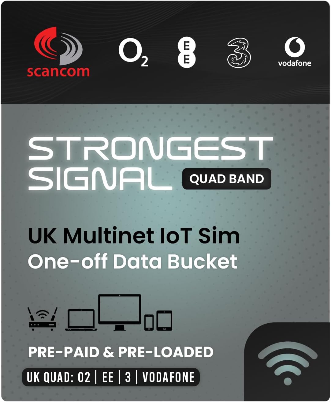 UK Multi-Network Quad Band Data Sim Card - One-off Data Allowance for 12 months - Automatically Connects to EE, Three, O2 or Vodafone at the location in use (20GB)