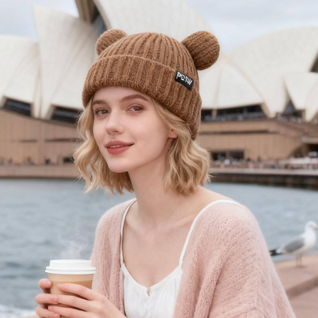 Bear Hat Adult Bear Beanie with Ears Knit Warm Slouchy Crochet Hat - Image 3