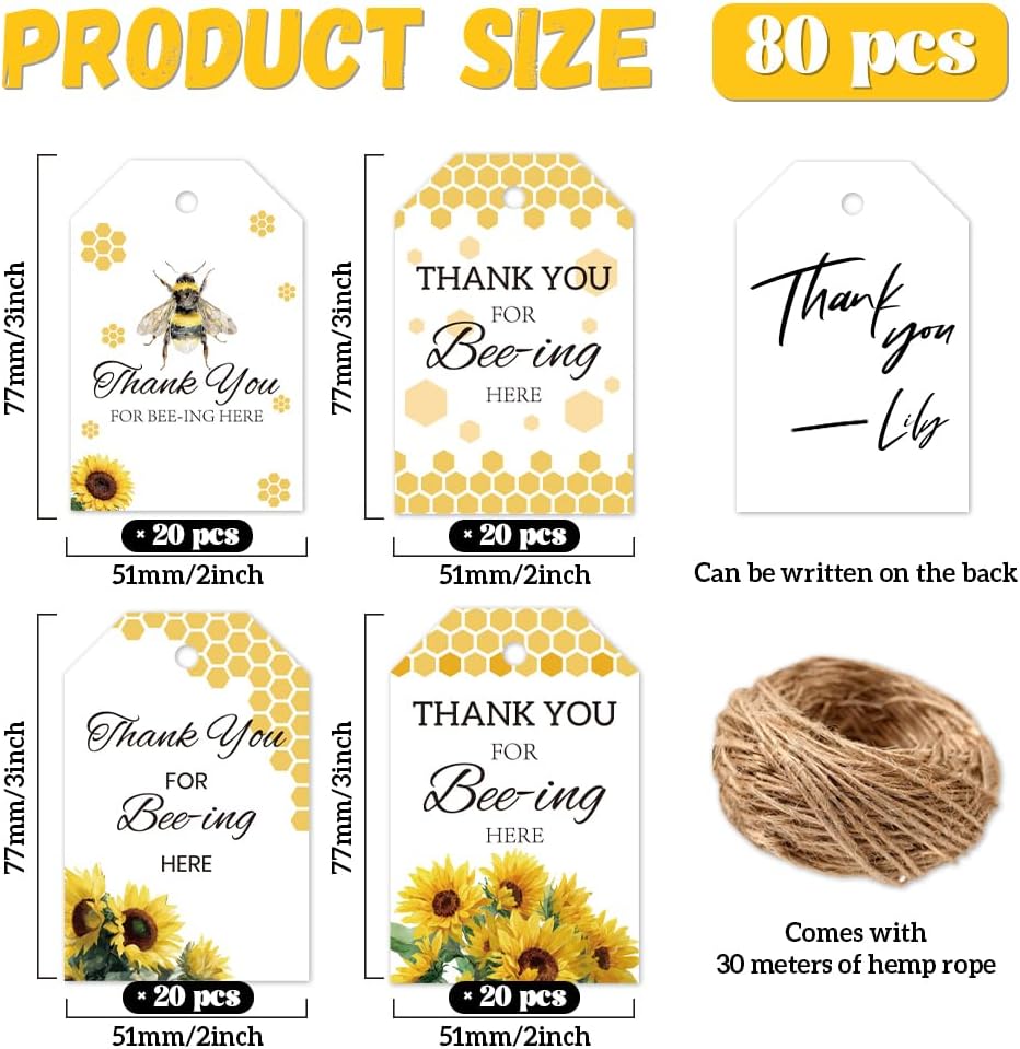 80Pcs Thank You Tags with String 4 Style Thank You Bee Theme Hanging Labels Name Tags 2×3 Inch for Wedding Bridal DIY Gift Crafts Presents Birthday Clothes Holiday Party Favor Decor image 2