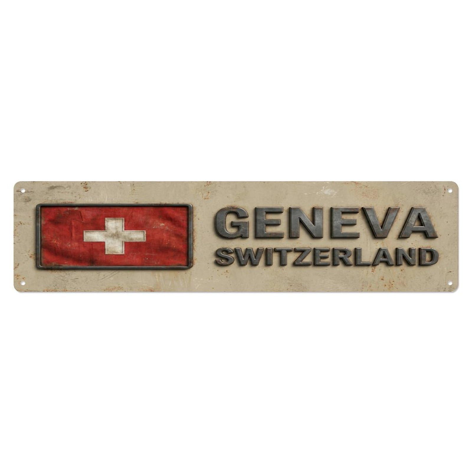 Okahys 4X16inch(10X40cm) Vintage Geneva Switzerland Flag Decor Rustic Travel Metal Tin Sign