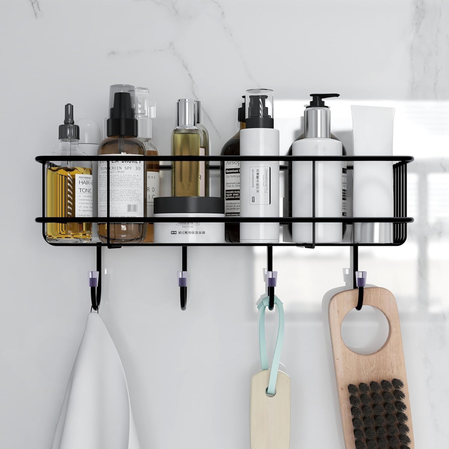 Trendy Home Self Adhesive Bathroom Organiser, Drill-Free Metal Wall Rack with 7-Layer Black Powder Coated Matte Finish, Magic Sticker Bathroom Storage Shelf with 4 Hooks, Rust-Proof Wall Organizer-image-44