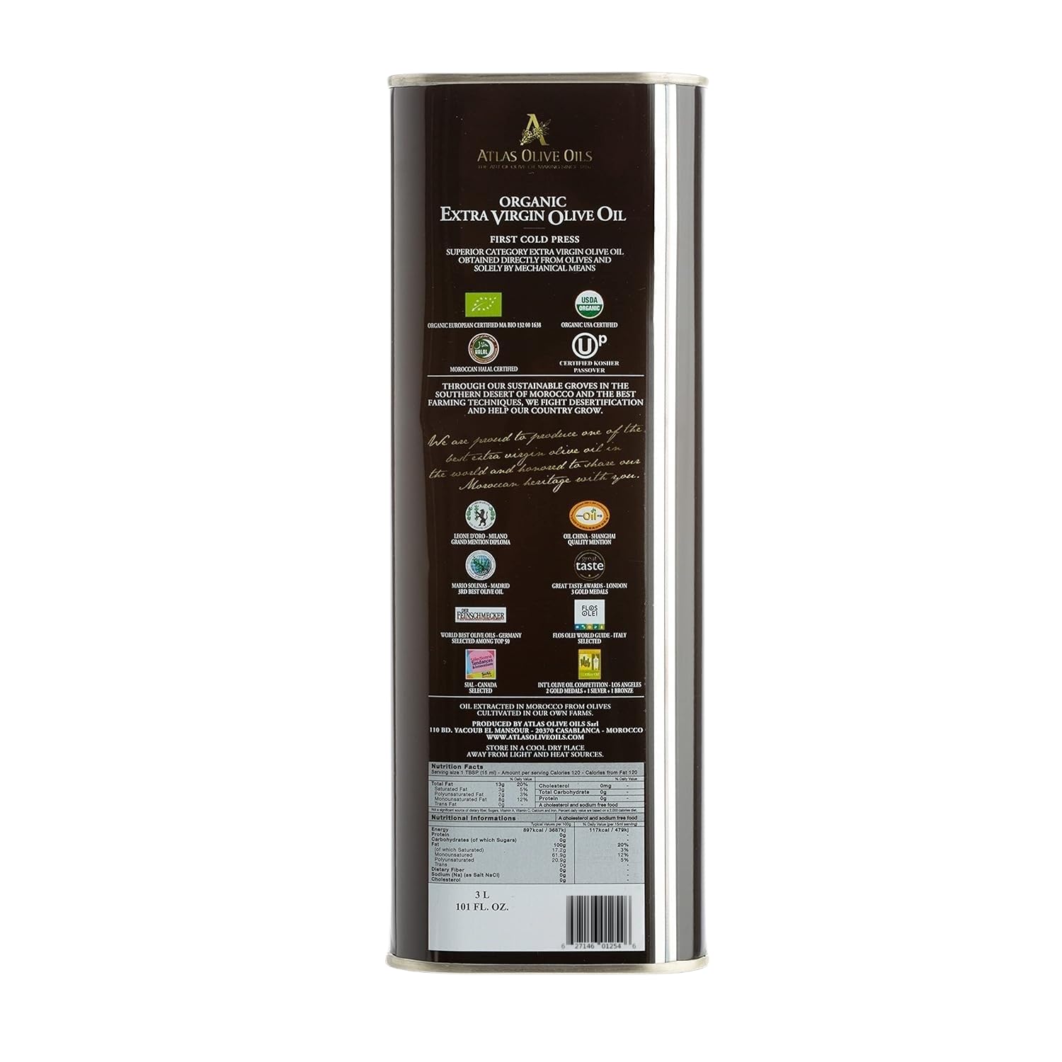 Atlas Organic First Cold Press Extra Virgin Olive Oil 3L Tin with