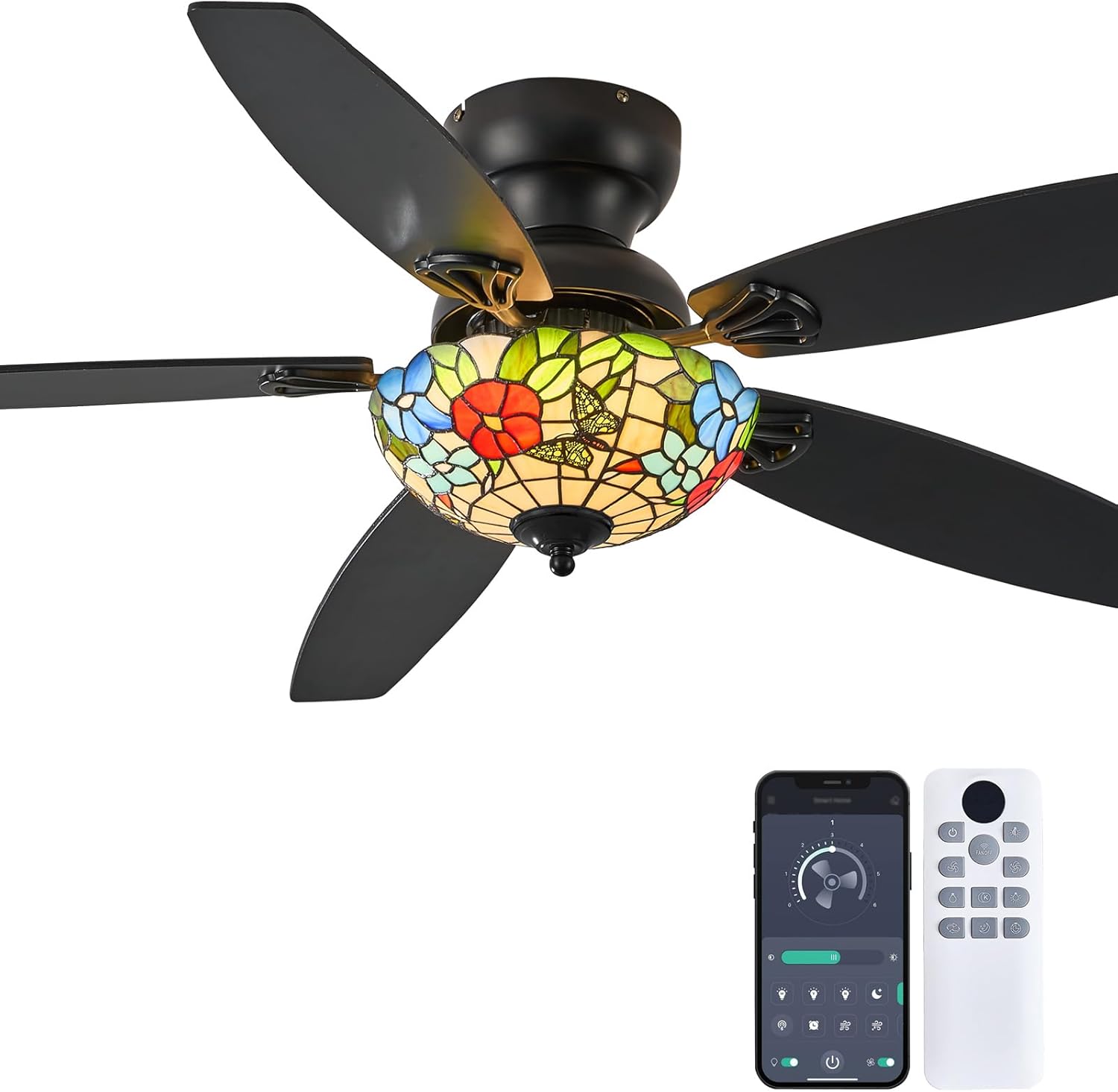 Tiffany Ceiling Fans with Lights - 52" Ceiling Fan Chandelier with 5 Dual-Blades and Glass Shade, 6 Speeds and Reversible, Indoor and Outdoor, Retro Style