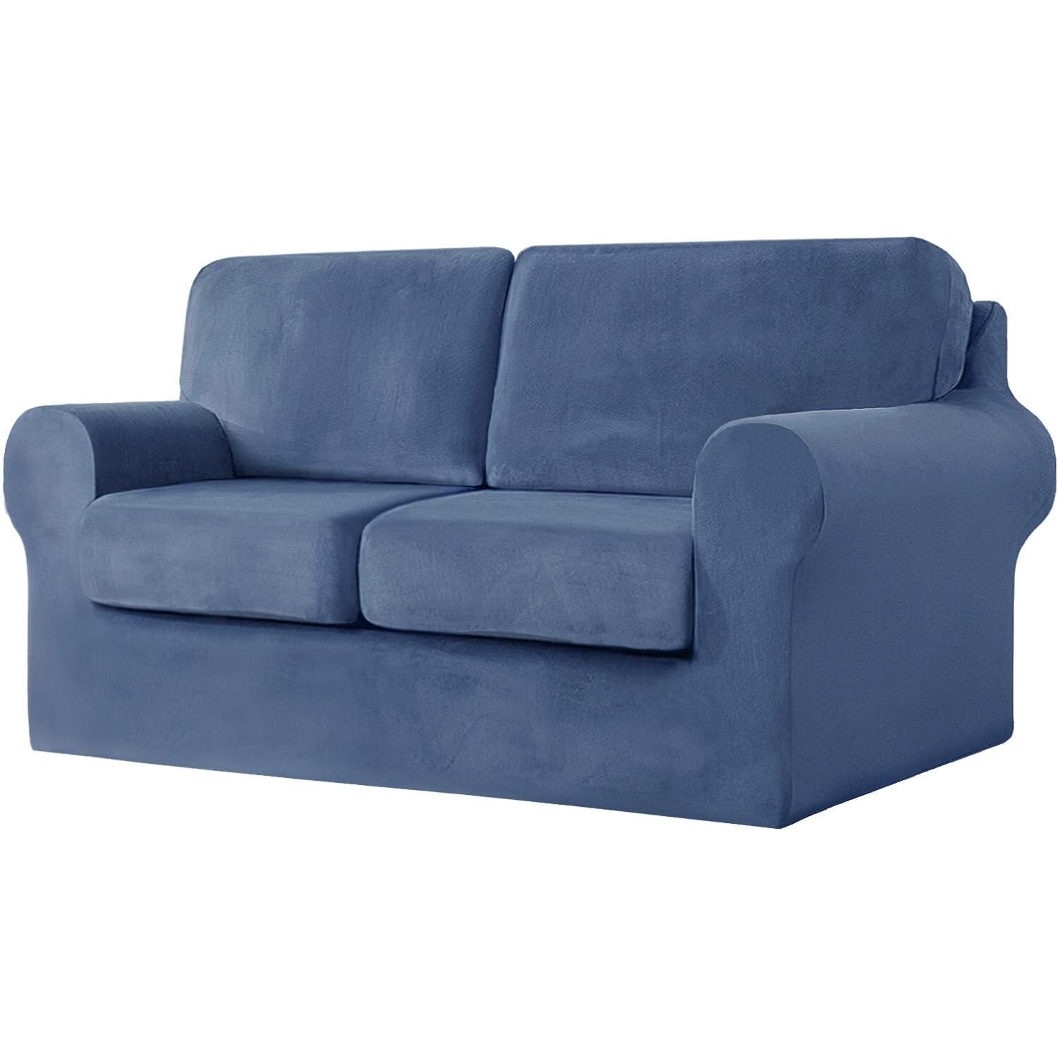 Housse de canapé 2 places élastique bleu marine revêtement extensible salon avec couvre-coussins