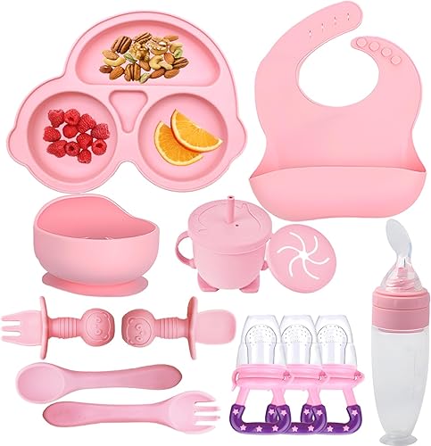 Miniatura 1 de MIICASA Juego de alimentación de bebé de silicona, kit de suministros de destete con ventosa y placa de automóvil, babero, cuchara, tenedor, taza,