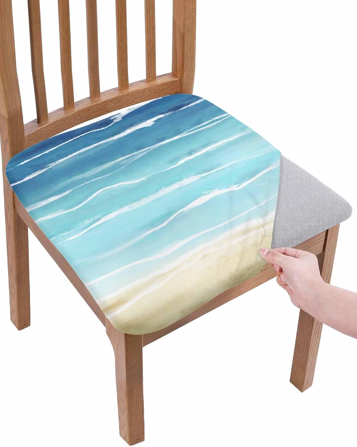 Blue Beige Ombre Seat Covers for Dining Room Chair Set of 2, Coastal Beach Stretch Cushion Cover Washable Kitchen Chair Covers, Summer Nautical Wave Removable Chair Slipcovers Protector