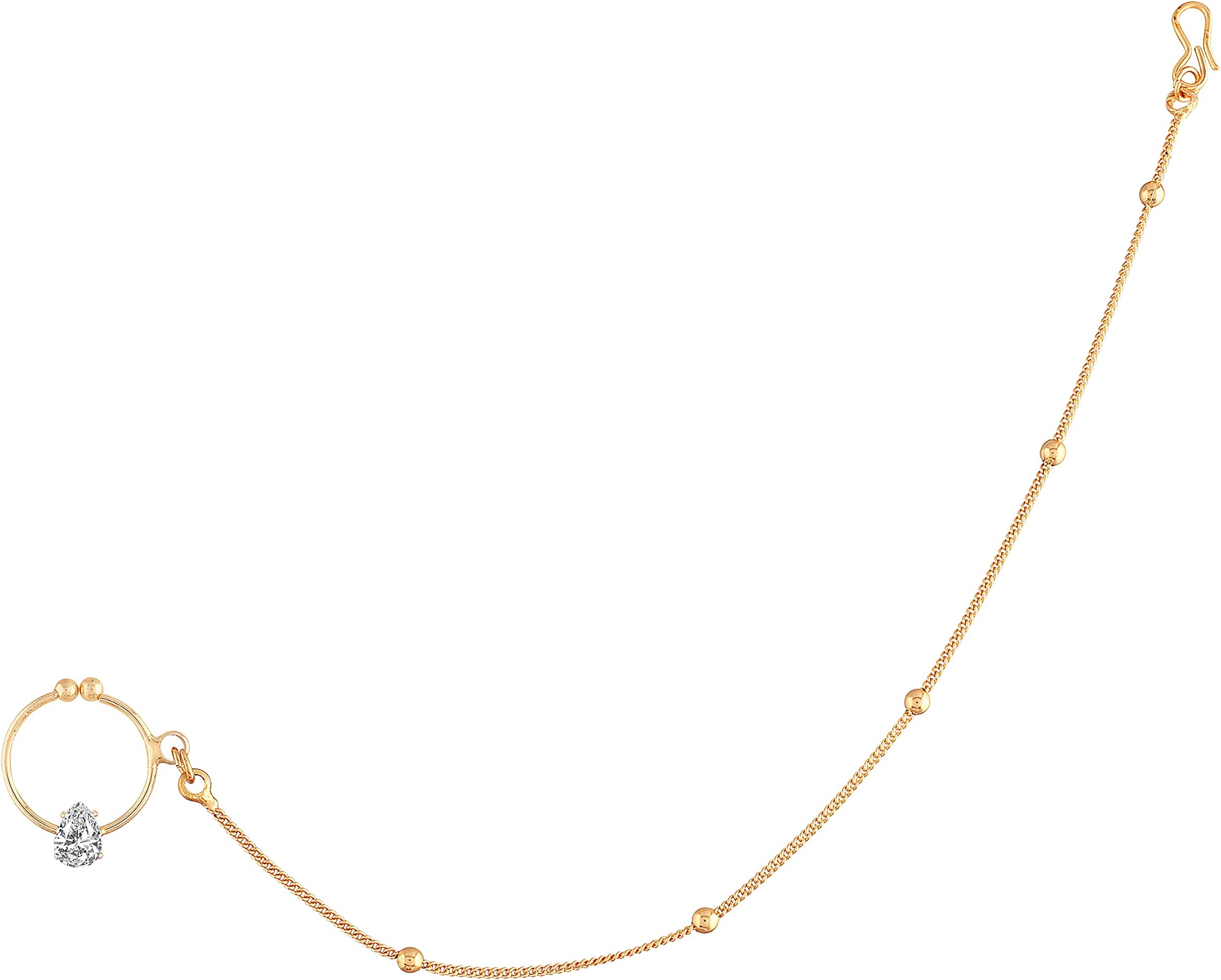 18k Gold Plated Indian Wedding Bollywood Ethnic Bridal Nose Ring/Nath Without Piercing with Chain Encased with Pearl Stone for Women/Girls (NL44)