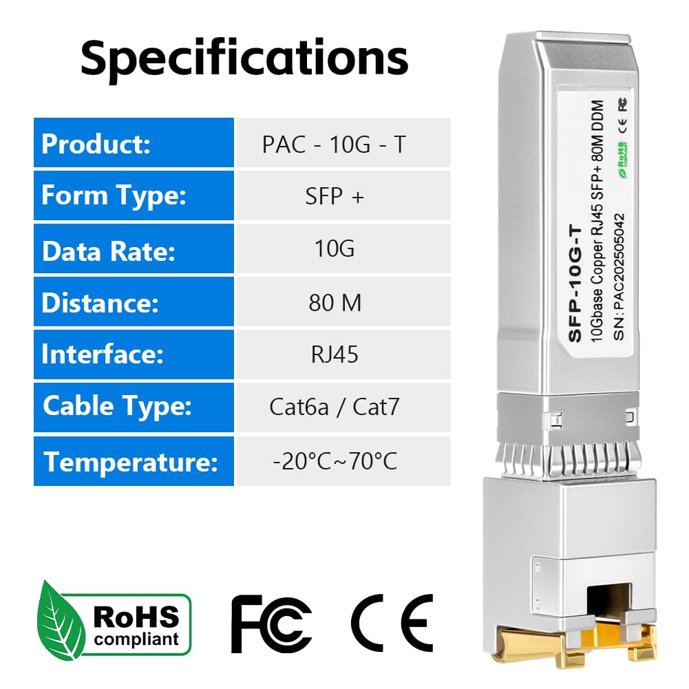 OFFCUP Module de SFP vers RJ45 en Cuivre, 10G SFP Base-T Jusqu'à 80 Mètres, Mini-GBIC Transceiver Compatible avec Cisco SFP-10G-TS Ubiquiti UF-RJ45-10G Netgear Mikrotik D-Link Supermicro