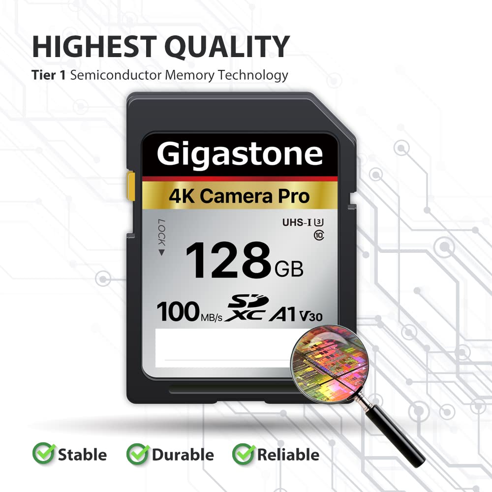【5-Years Data Recovery】 GIGASTONE 128GB SD Card, 4K Camera Pro, A1 V30 SDXC Memory Card 4K UHD Video Compatible with Canon Digital Camera, with 1 Mini Case